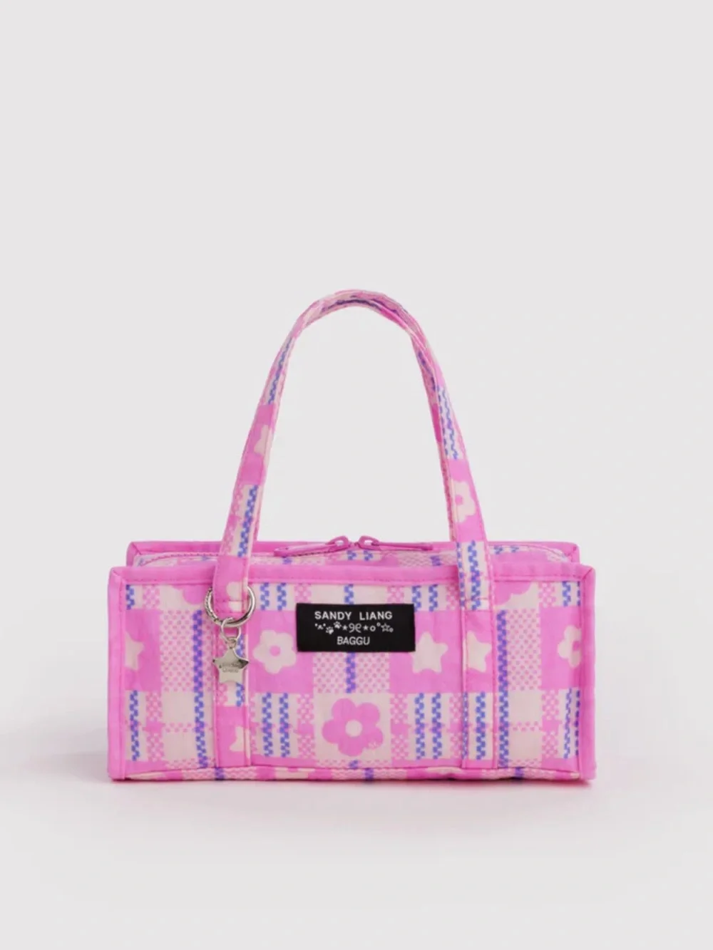 Sandy Liang Pink Plaid Mini Nylon Tote with Floral Stars